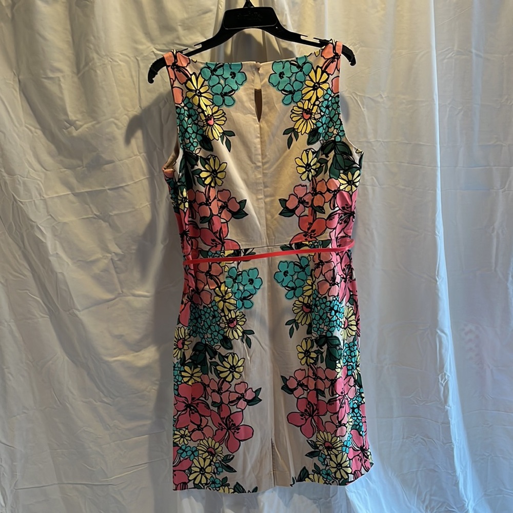 Tan with teal, coral & yellow flowers dress with belt - Picture 3 of 4